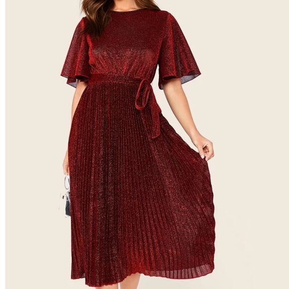 FLUTTER SLEEVE SELF BELTED PLEATED GLITTER DRESS - Picture 3 of 11